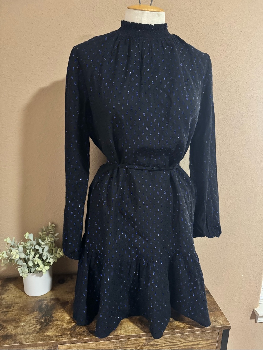 GAP Black Long-Sleeve Smocked Neck Dress with Blue Dot Print
